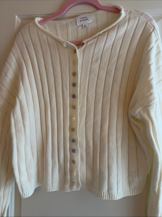 Things Between Sweaters - Things Between Cream Ribbed Button Cardigan with Colorful Accents